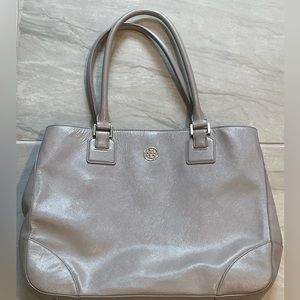 Tory Burch structured leather textured gray tote purse bag 12”tall 15” wide